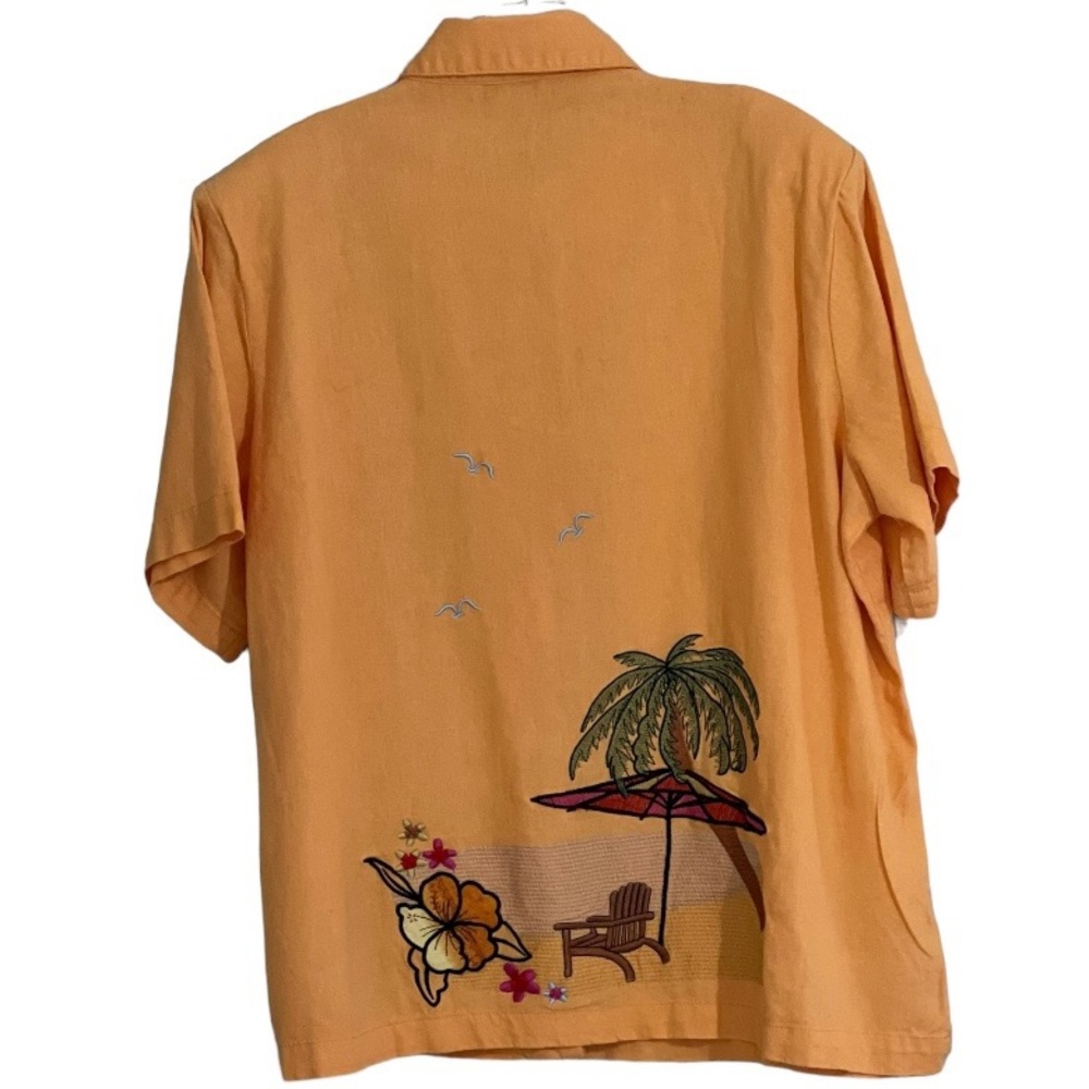 A.K.C. Women's Shirt Jacket 2XL  Short Sleeve Beach Scene Embroidery Orange